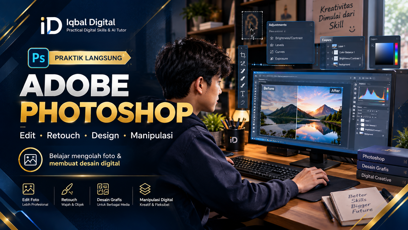 Suasana kursus privat Adobe Photoshop bersama tutor Iqbal Digital